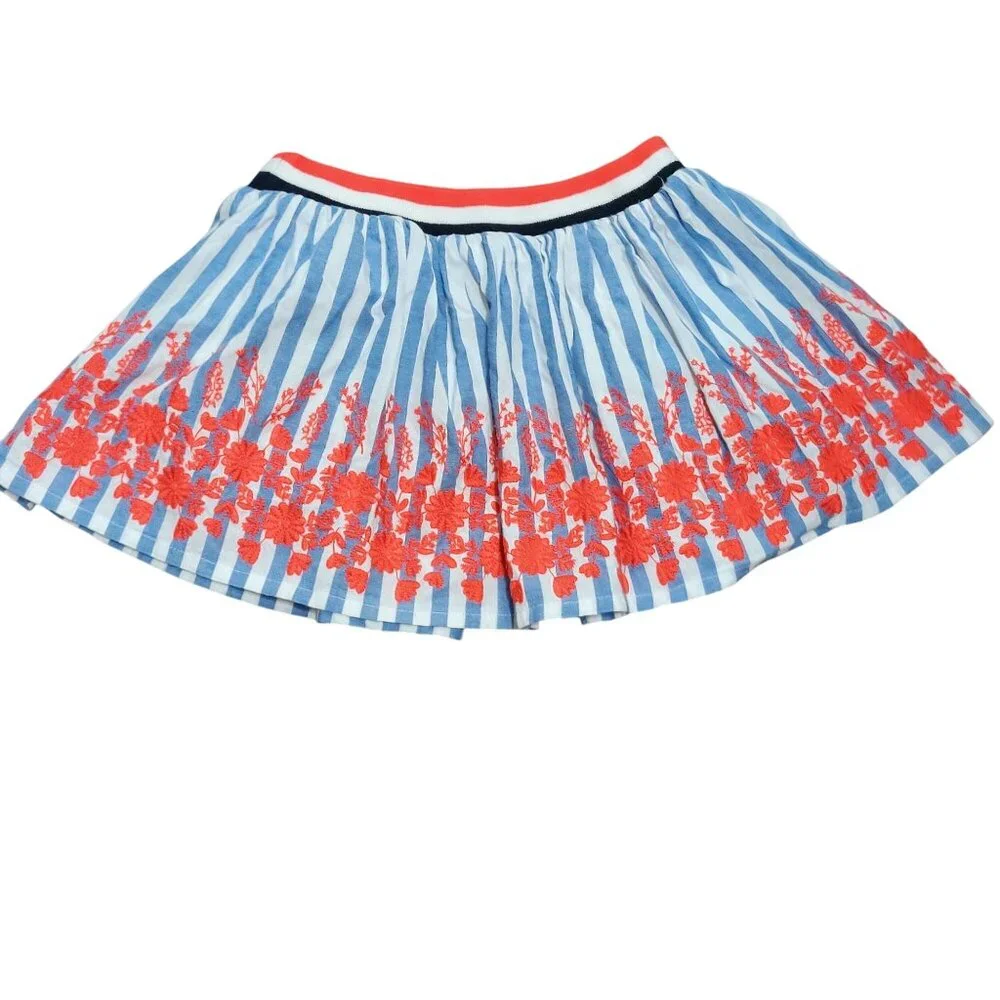 Seed Heritage Girls 5 Blue White Stripe Cotton Skirt Red Floral Embroidery Kids